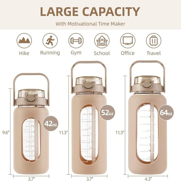 64oz Glass Water Bottle with Straw and Handle Lid Half Gallon Motivational Glass - Picture 6 of 6